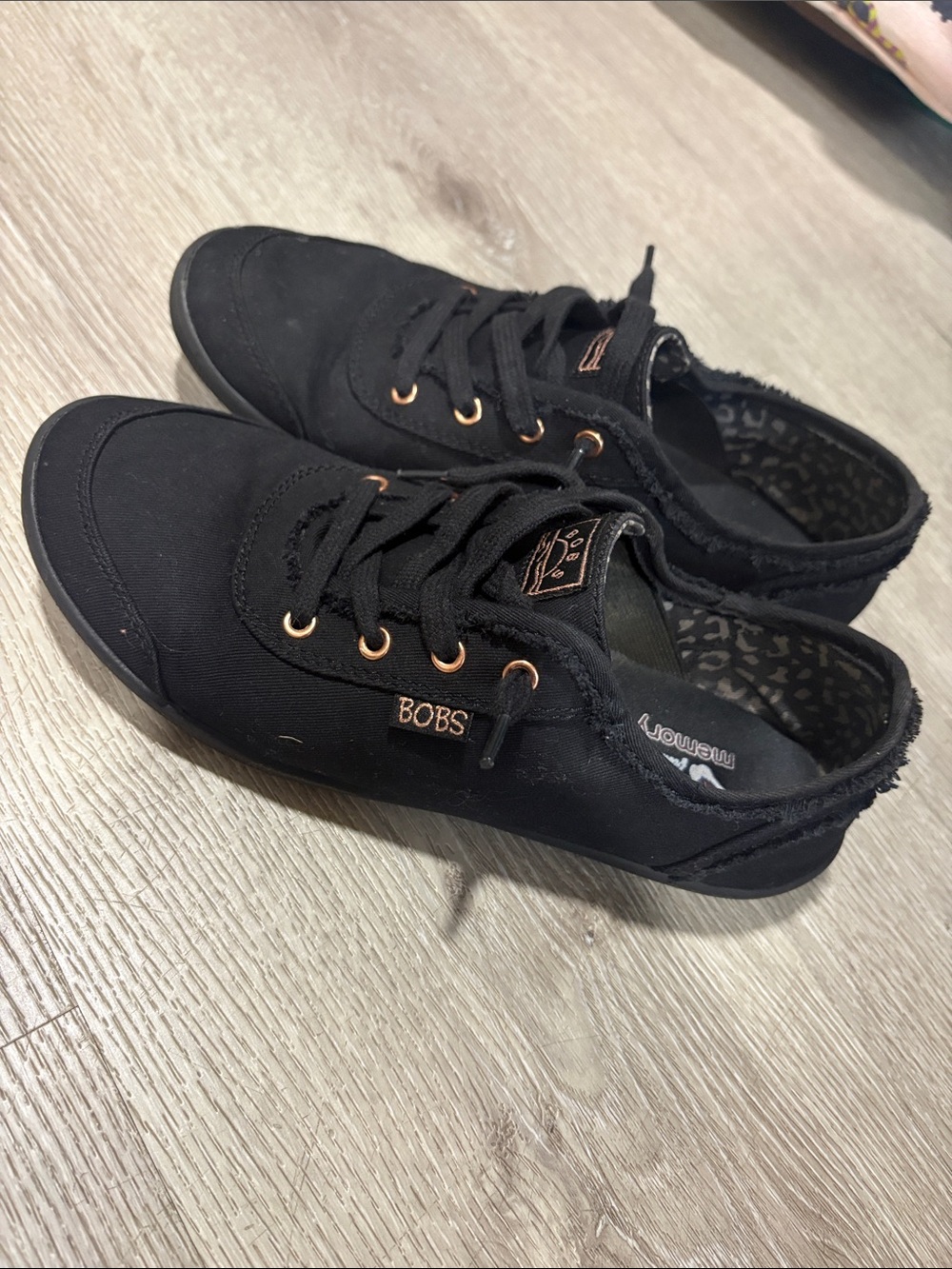 Skechers BOBS Women's Black Canvas Lace-Up Sneakers with Gold Eyelets